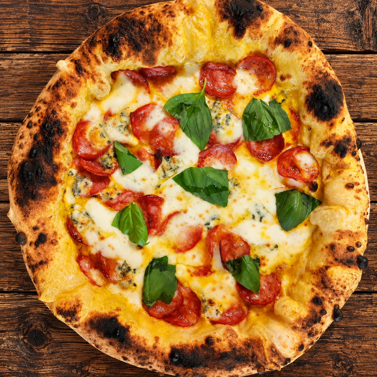 Pizza rustica con salame, basilico e formaggi